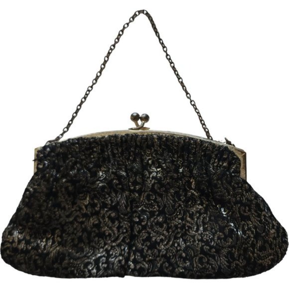 Vintage Handbags - Vintage black and gold evening bag with kiss closure